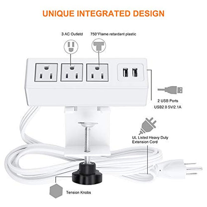3 Outlet Desk Clamp Power Strip, Desktop Power Strip with USB Ports, Desk Mount USB Charging Power Station, on Desk Edge Power Outlet 125V 12A 1500W, 10 FT Desk Outlet Strip. (White) - color: White, size: 10FT