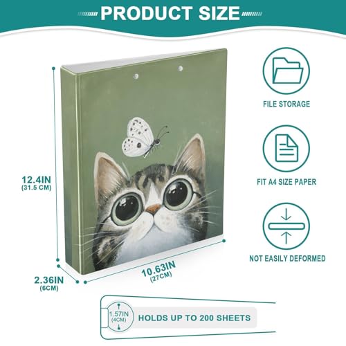Fustylead Lovel Cat and Butterfly Sage Green 3 Ring Binder, D-Rings 1.5" Hardcover Folder, Fits 200 Sheets of A4 Paper, Durable Clipboard & Clean View with Inside Pockets for School Home Office - size: 12.4x10.63x2.36 Inch-1 Pack
