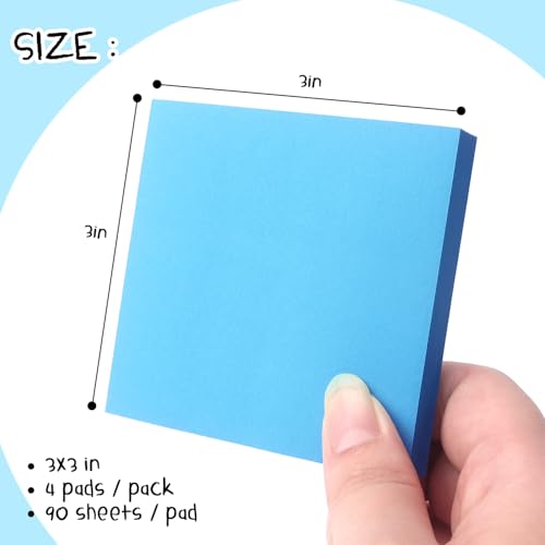 Sticky Notes 3x3 Pop Up Self-Stick Notes Pads with Bright Colors, Easy to Post for Office, School, Home, 4 Pads/Pack, 90 Sheets/Pad (Blue) - color: Blue