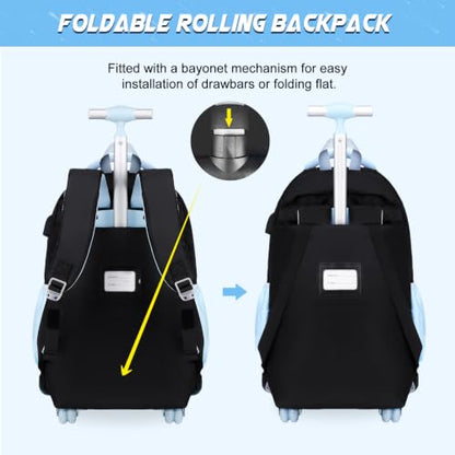 DIGOBAY Rolling Backpack for Girls, Cute Roller School Bag with Wheels, Kids Wheeled Backpacks Set with Lunch Bag Pencil Case for Teen Girls Kindergarten Elementary Middle School - color: Black-blue