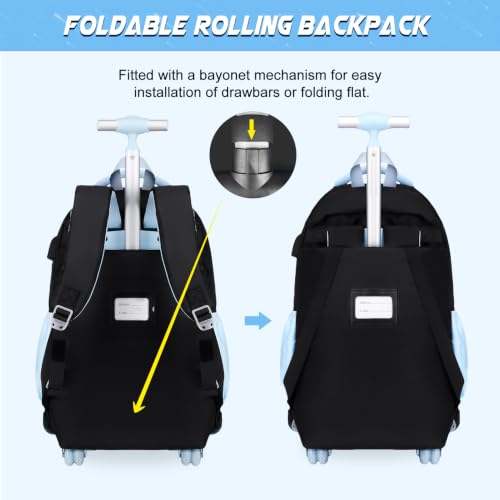 DIGOBAY Rolling Backpack for Girls, Cute Roller School Bag with Wheels, Kids Wheeled Backpacks Set with Lunch Bag Pencil Case for Teen Girls Kindergarten Elementary Middle School - color: Black-blue