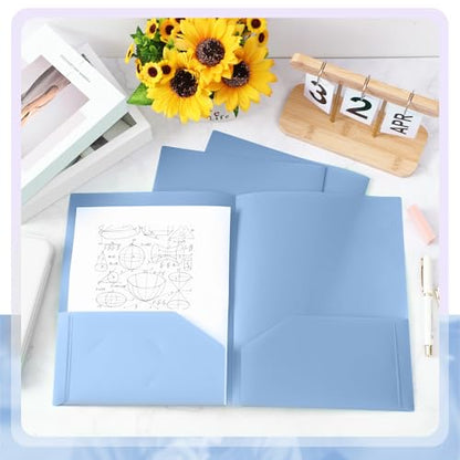 Gueevin 100 Pack Plastic Folder with Pockets, 2 Pocket Folders, Plastic Glossy Folders Fit Letter Size Paper, Heavy Duty Durable File Folder with Business Card for Home Office School (Haze Blue) - color: Haze Blue
