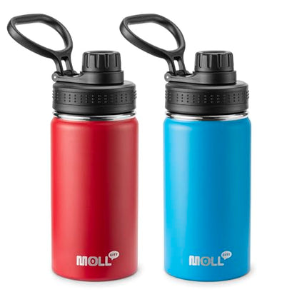 12 oz Water Bottle Stainless Steel Vacuum Insulated Wide Mouth Sports Flask, 2 Pack Water Bottle with Leakproof Spout Lid (Canyon Red-Sky Blue) - color: Canyon Red-Sky Blue, size: 12 Ounces