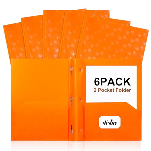 ViVin Plastic Folders with Pockets and Prongs,6 Pack,Heavy Duty 2-Pocket File Folder with 3 Fasteners,Fits Letter Size Paper,for School Home and Office(Bright Orange) - color: Bright Orange, size: 6 PACK