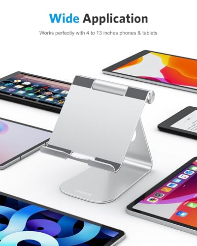 OMOTON T1 Adjustable Tablet Stand for Desk, Aluminum Holder for iPad Silver | Solid Metal Build | Charging Cutout | Anti-Slip Silicone Pads | Multi-Angle Adjustable | Fits 3.5-12.9" | Holds Thick Cases - color: Silver