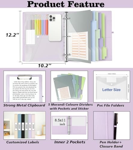 3 Ring Binder, 1 Inch Leather Binders with Clipboards, 5-Tabs Pockets Dividers, 18 Divider Stikers, Plastic Folder, Pen Holder, Three Ring Binder with Pen Holder(Purple, Letter Size) - color: Purple, size: 1in（Letter Size）