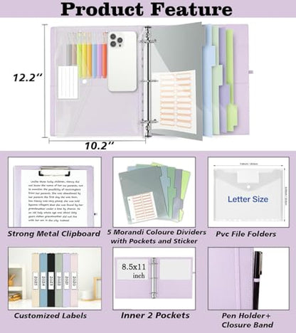 3 Ring Binder, 1 Inch Leather Binders with Clipboards, 5-Tabs Pockets Dividers, 18 Divider Stikers, Plastic Folder, Pen Holder, Three Ring Binder with Pen Holder(Purple, Letter Size) - color: Purple, size: 1in（Letter Size）