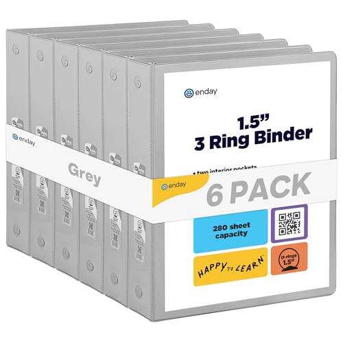 Enday 1.5 Inch Binder (6 Pack - Grey) 3 Ring Binder 1.5 inch with Clear View Cover and 2 Inside Pocket - for Letter Size 8.5 x 11'' Paper, Ideal for School Supplies, Office, and Home - color: Grey, size: 1.5-Inch