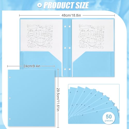 Yeaqee 50 Pcs Plastic Folders with Pockets Bulk 3 Hole Punched 2 Pocket File Folders for 3 Ring Binder Divider Folder for Notebooks, Durable Poly for Office Home (Light Blue) - color: Light Blue