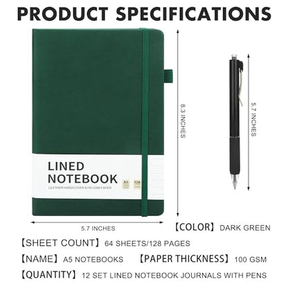 Aodaer 12 Set Lined Notebook Journals with Pens A5 Notebooks 100 GSM College Ruled Hardcover Notebook PU Leather Notepad with Pen Holder for Office School, 5.7 x 8.3 Inches, Dark Green - color: Dark Green