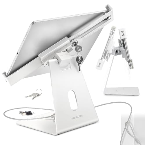 Volcora Anti-Theft Tablet Stand iPad Kiosk Stand with Lock, White 10-13'' iPad Stand for Desk, Swivel, Adjustable iPad Holder for Desk, iPad Mount for Desk for POS Register, Retail Business, Cashier - color: White