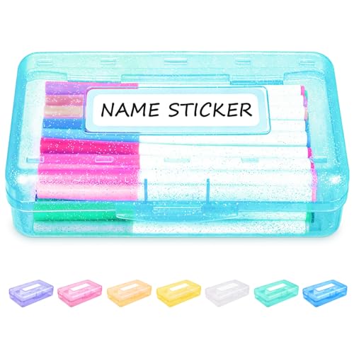 Sooez Pencil Box with Personalized Sticker,Large Hard Pencil Case Organizer | Clear Plastic Crayon Box for Girls and Boys, Colored Marker Organizer, Small Plastic Containers/Bins with Lids, Art Supply - color: Light Glitter