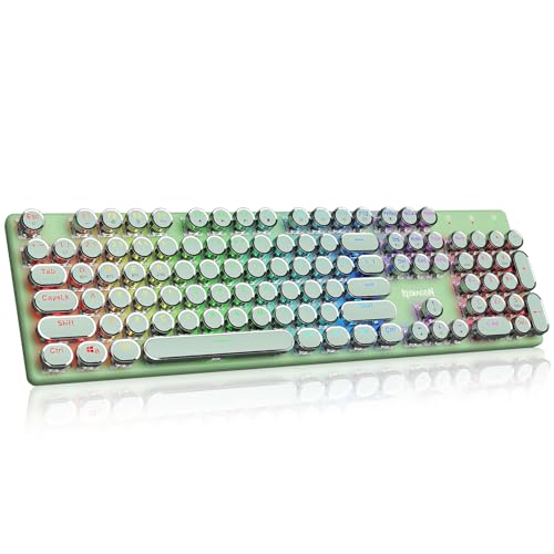 Redragon K710 Wireless Typewriter Mechanical Gaming Keyboard, Bluetooth/2.4Ghz/Wired, RGB Led Backlit, Blue Switch - Clicky, Rechargeable, Solid Metal Panel, Round Keycaps, Green - color: Green