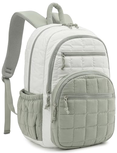 Bookbag for Women, Teen Girls Backpack for High School College Student, Puffer Quilted Back Pack Cute Laptop Backpack for Work Travel Mom Casual Daypack, Beige Green - color: Beige Green, size: 15.6in