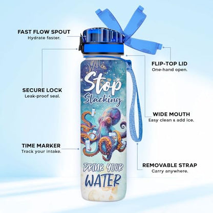 Octopus 32oz Water Bottle with Time Marker – Funny Stop Slacking Drink Your Water Ocean Animal Hydration Tracker Bottle, Sea Animal Gift for Octopus Lovers - color: Octopus