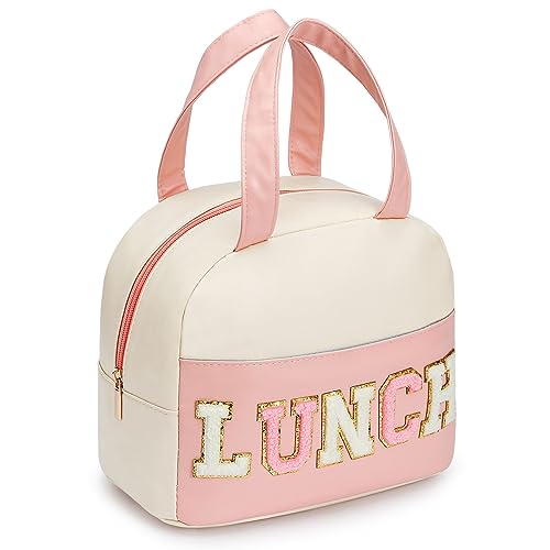 DIRGEE Lunch Bag for Women Insulated For Men PU leather Small Office Work lunch with Chenille Letters Leakproof Freezable Cooler Reusable Portable Box (White&Pink) - color: B-White&Pink