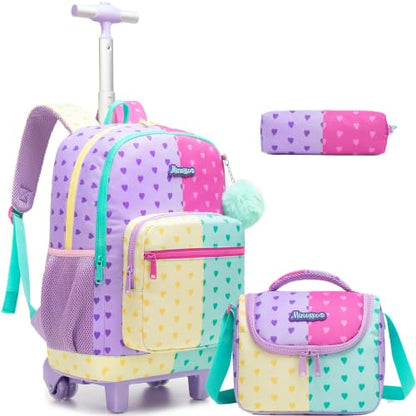 Girls Rolling Backpack with Lunch Box School Backpacks with Wheels 16.5" Roller Backpack for Girls, 3pcs Kids Wheeled Bookbag for Elementary School - color: Duoseaixin