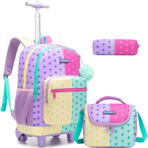 Girls Rolling Backpack with Lunch Box School Backpacks with Wheels 16.5" Roller Backpack for Girls, 3pcs Kids Wheeled Bookbag for Elementary School - color: Duoseaixin