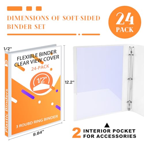 Fulmoon 24 Pcs 3 Ring Plastic Binders Bulk with 2 Pockets Flexible Binder with Transparent View Cover Plastic Binder for Home Office(1/2 Inch,White) - color: White, size: 1/2 Inch
