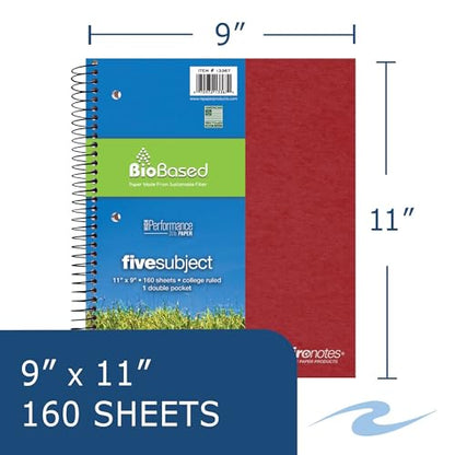 Roaring Spring Environotes Recycled Spiral Notebook, 5 Subject, 11" x 9", 160 Perforated Sheets, 20 lb Bio-Based Paper, College Ruled w/ Margin, Assorted Earthtone Covers, Double Pocket, 4 Dividers, Made in USA - size: 11" x 9" 160 Sheets (Pack of 1)