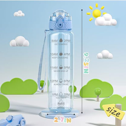 OLDLEY 17oz Kids Water Bottle, Tritan BPA-Free, Leakproof Flip Straw Lid, Motivational Time Marker, Carry Strap, Reusable Clear Water Bottle for Boys & Girls,Baby Blue - color: Baby Blue, style: 17 Ounces