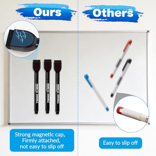 Magnetic Dry Erase Markers, 0.5 mm Ultra Fine Black Whiteboard Markers with Built-in Eraser, Low Odor Thin Marker for White Board Home Office Classroom, 12 Pcs