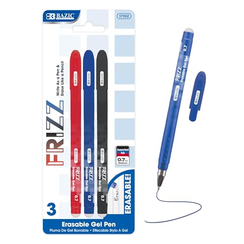 BAZIC PRODUCTS Frizz Assorted Erasable Gel Pens, 0.7mm Medium, 3 Count | 0.7 mm medium, Frizz assorted-color erasable gel pens, Rub-to-erase tip, no white-out, Pocket clip, school