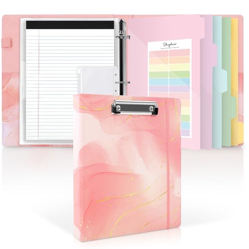 SKYDUE 1 Inch 3-Ring Binder with Clipboard, PU Binder with 5 Dividers, Notepad, Stickers & Pockets for Work and School - Aesthetic Binder (Letter Size) - color: Mable Pink