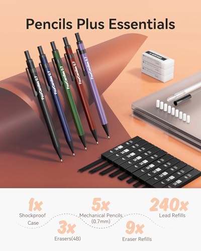 Four Candies Metal Mechanical Pencils 0.7mm, with #2 Pencil Leads 0.7, Eraser Set and Eraser Refills, 19-Count Pack with Case, Back to School Supplies for Writing, Drawing, Sketching - size: 5 Count (Pack of 1), style: 0.7mm