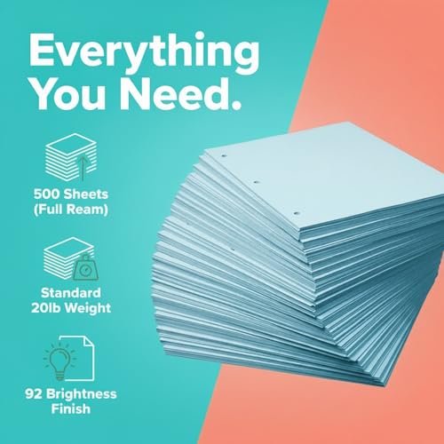 Copy Printing and Writing Colored Paper, 20 Pound - 75 Gsm, 3 Hole Punch, 500 Sheets per Ream. (Blue) - color: Blue