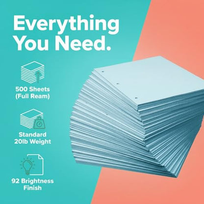 Copy Printing and Writing Colored Paper, 20 Pound - 75 Gsm, 3 Hole Punch, 500 Sheets per Ream. (Blue) - color: Blue