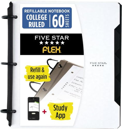 Five Star Flex Refillable Notebook + Study App,College Ruled Paper and 1 Inch TechLock Ring Binder with Pockets,Tabs and Dividers,200 Sheet Capacity,White (29328AE2), 1 Count (Pack of 6) - color: White, size: 1 Count (Pack of 6)