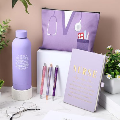6 Pcs Nurse Gifts Set for Women Men, Rn Appreciation Thank You Gift for Nurses Week Graduation Birthday, 16oz Vacuum Insulated Water Bottle, Makeup Bag, Notebook, Ballpoint Pens(Purple) - color: Purple