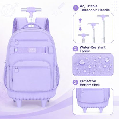 HPJGD 3PCS Rolling Backpack for Girls, Womens Purple School Backpacks with Wheels, Water Resistant Roller Kids Wheeled Bookbag Set - color: Classic Purple Rolling Backpack Set