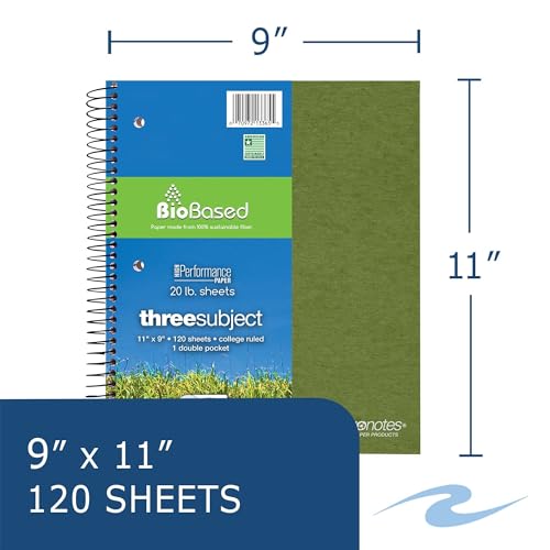 Roaring Spring Environotes Recycled Spiral Notebook, 3 Subject, 11" x 9", 120 Perforated Sheets, 20 lb Bio-Based Paper, College Ruled w/ Margin, Assorted Earthtone Covers, Double Pocket, 2 Dividers, Made in USA - size: 11" x 9" 120 Sheets (Pack of 1)