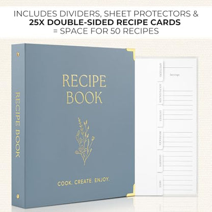 Aesthetic 8.5" x 11" Recipe Binder with Waterproof Cover - The Perfect Recipe Book with Plastic Sleeves to Write in Your Own Recipes - Quality Blank Cookbook Binder, Cards incl. - color: Dusty Blue, size: Large - 8.5x11"