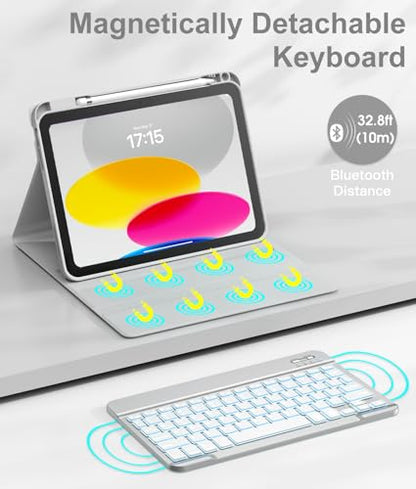 Hamile for iPad 11th 10th Generation Case with Keyboard - 7 Colors Backlit Wireless Detachable Folio Keyboard Cover with Pencil Holder for iPad A16 11-inch 2025 10th Gen 10.9 Inch 2022 (Light Gray) - color: Light Gray