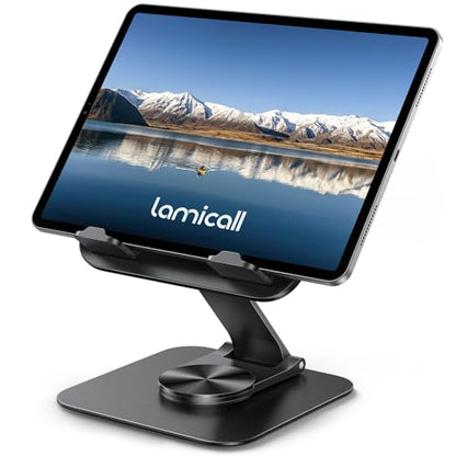 Lamicall Adjustable iPad Stand for Desk, Ultra-Slim Foldable, 360° Rotation | [Foldable Ultra-Slim][ 360°Rotation Base] Heavy-Duty Tablet Holder Stand for 4.7-13" iPad Pro Air Mini E-Reader Kindle Tabs - color: Black