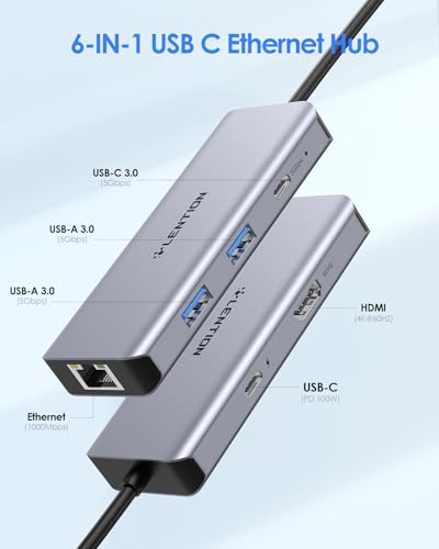 LENTION 6 in 1 USB C Hub, Ethernet, 4K@60Hz HDMI, 100W PD, USB3.0 Adapter | Stable Driver Dock for Students & Office Staff; Fits MacBook Pro/Air, Surface, Chromebook for School, Office & Travel (C26)