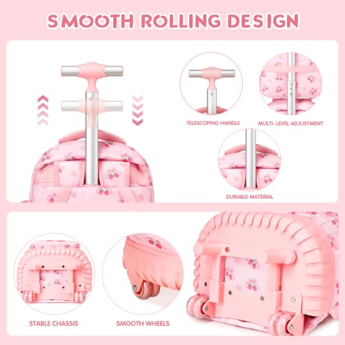 Rolling Backpack for Girls, 3PCS Roller School Backpacks for Girls with Lunch Bag and Pencil Pouch, Kids Bookbag School Bag with Wheels for Kindergarten Elementary Middle School Travel - color: Pink Bow Cherry