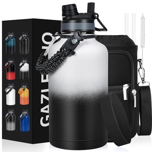 GAZLEMHO Insulated Water Bottle 64 oz, Half Gallon Water Jug Cold 48H, BPA Free Stainless Steel Bottles with Straw/Chug 2-in-1 Lid, Bag, Paracord Handle, Silicone Boot, Sports Gym School Metal Flask - color: Day Night, size: 64 Ounces