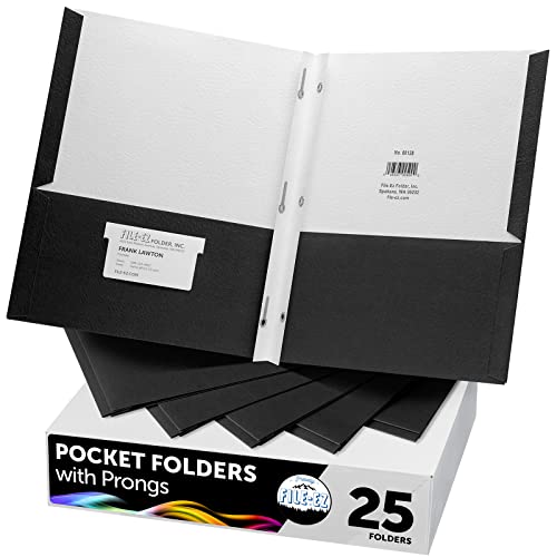 FILE-EZ Two-Pocket Folders with 3-Prong Fasteners, Black Color, 25-Pack, Durable Textured Paper, Matte Finish, Letter Sheet Size (EZ-92505) - color: Black