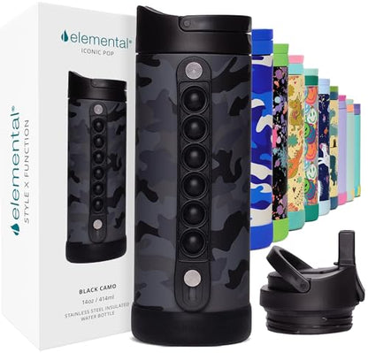 Elemental Iconic Kids Water Bottle with Straw Lid & Stress Relief Pop It Handle, Leak-Proof When Closed, Triple Insulated Kids Stainless Steel Water Bottle For Girls and Boys, 14oz - Black Camo - color: Black Camo, size: 14 Ounces