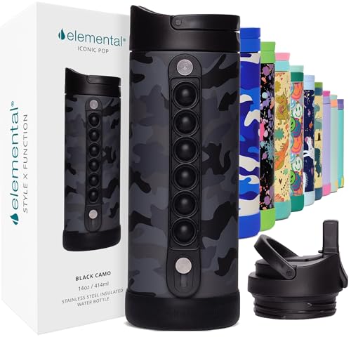 Elemental Iconic Kids Water Bottle with Straw Lid & Stress Relief Pop It Handle, Leak-Proof When Closed, Triple Insulated Kids Stainless Steel Water Bottle For Girls and Boys, 14oz - Black Camo - color: Black Camo, size: 14 Ounces