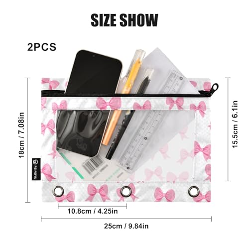 2 Pack Pencil Pouch for 3 Ring Binder Pink Bow Pencil Case Pouch with Clear Window Zipper Binder Pencil Pouches Pen Bag for Office School Supplies - color: Pink Bow