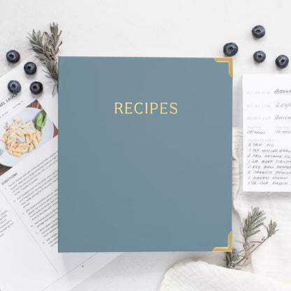 Aesthetic Recipe Binder with Polyester Waterproof cloth Cover - The Perfect Recipe Book with Plastic Sleeves to Write in Your Own Recipes - Quality Blank Cookbook Binder, Cards incl. - color: Dusty Blue, size: Medium - 9.5x8.5"