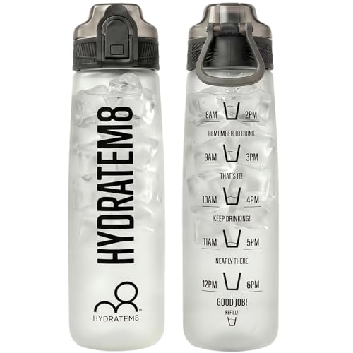 HYDRATEM8 32 oz Sports Water Bottle with Time Marker - Leak Proof Lockable Cap & Tritan BPA Free, Soft Touch Motivational Drinking Bottle with Handle for Gym, Hiking, School, Office,Travel（Black - color: Black