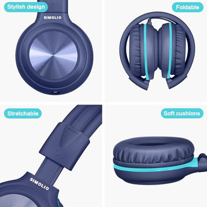 SIMOLIO USB C Wired Kids Headphones, Built-in Microphone & Share Port | USB C to 3. 5mm Dongle, 3-Level Volume Limiter, Over-Ear Headsets w/Pouch, Foldable for Airplane Travel School iPad - color: Deep Blue