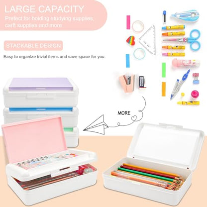 SFLHHDM Pencil Box for Office Supplies, Double Layer Large Capacity Plastic Pencil Case, Crayon Box with Snap-tight Lid,Stackable Storage Boxes for Gel Pen Pencils Case (White Pink-1pcs) - color: White Pink-1pcs