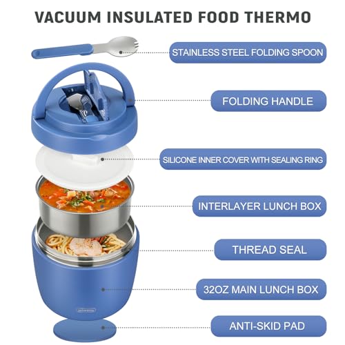 wiwens Thermo Food Jar for Hot Food Adults 32OZ Soup Thermo Lunch Containers Wide Mouth Vacuum Insulated Stainless Steel Leakproof Bento Box with Spoon (Blue) - color: Blue